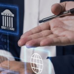 Lawyer hands holding digital laptop with law network interface icons.