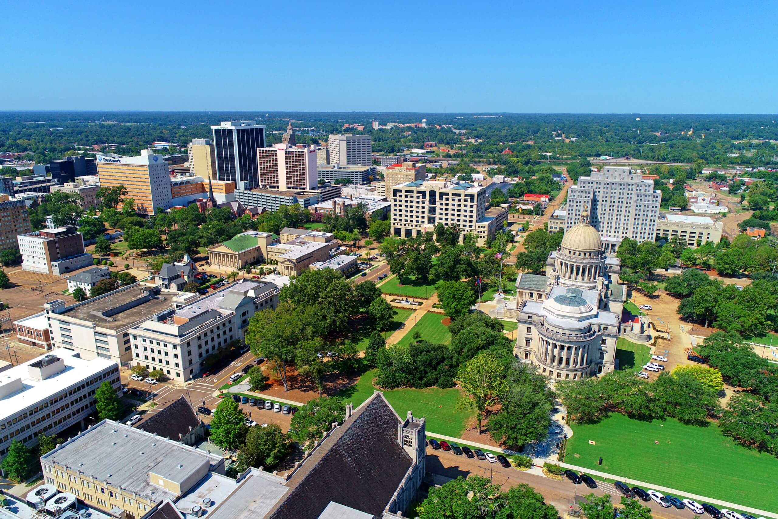 Panoramic skyline of Jackson, Mississippi with capitol building