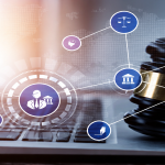 Digital legal technology concept with a judge’s gavel, laptop, and connected legal icons.